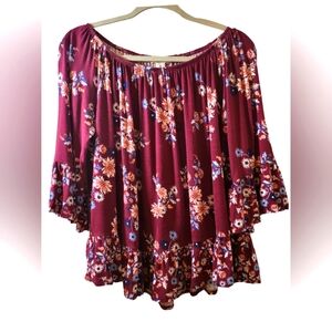 Style&Co Maroon and Floral Boho ¾ sleeve Blouse. Size M